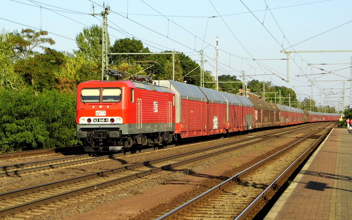 Am 07.09.2016 kam die 143 848-0 von der MEG aus Richtung Magdeburg nach Niederndodeleben und fuhr weiter in Richtung Braunschweig .