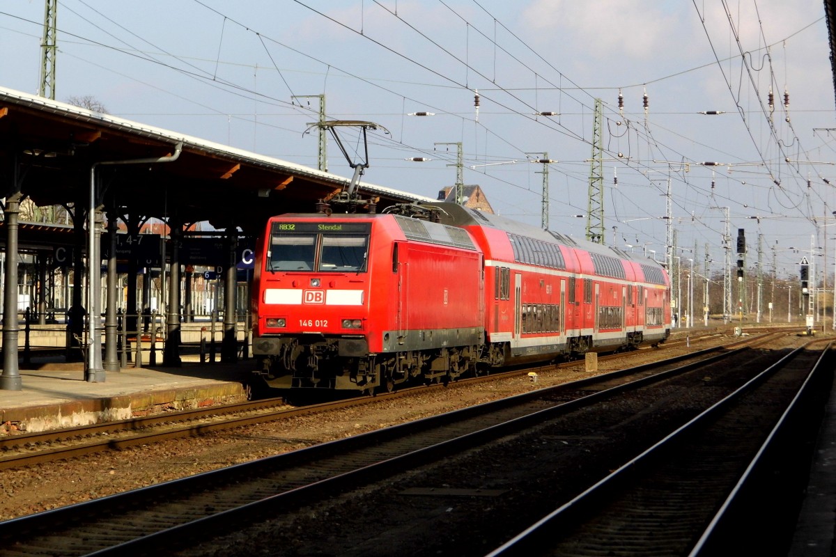 Am 08.03.2016 kam die 146 012 von der DB aus Richtung Brunau Packebusch  nach Stendal  .