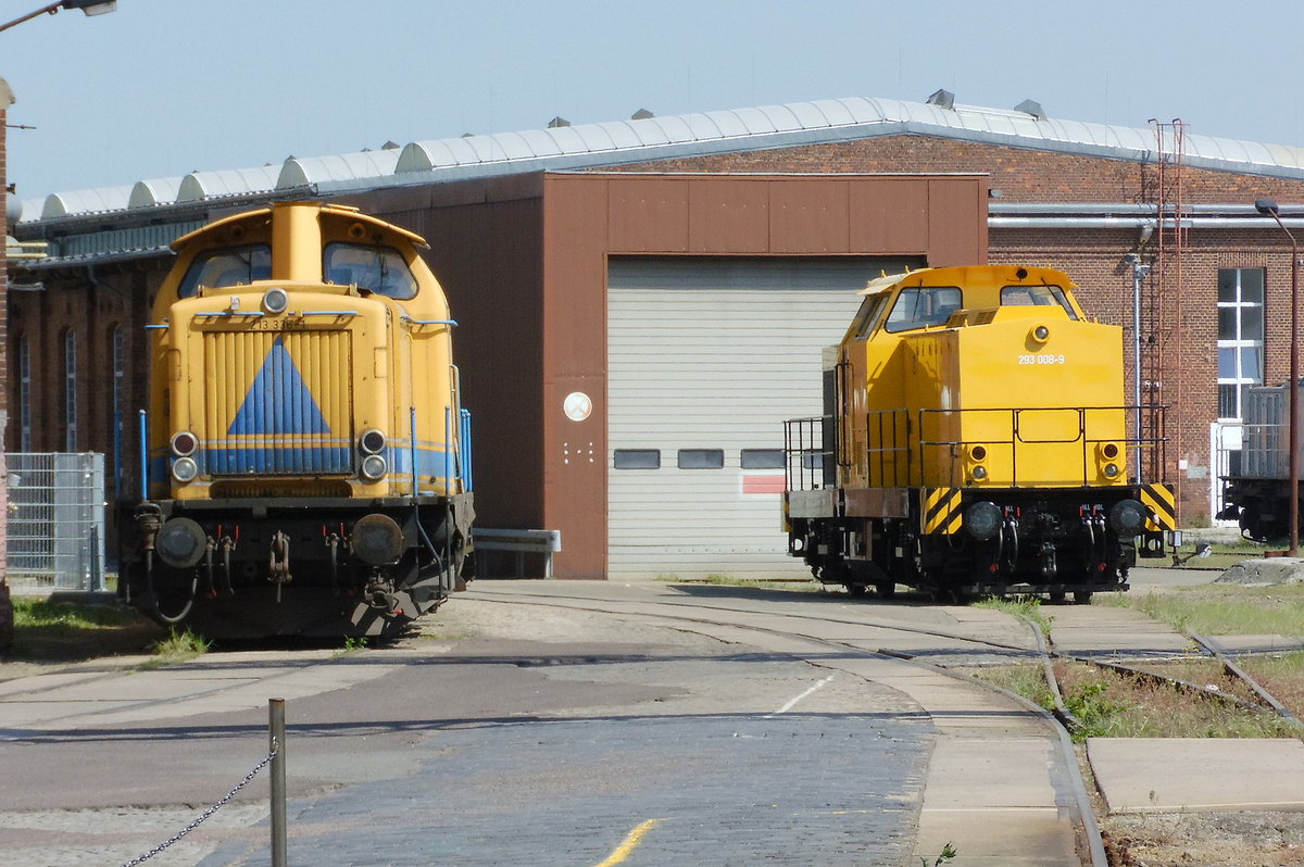 Am 10.05.2018 waren die 213 336-1 von der RE Rheinische Eisenbahn GmbH, Linz  und die 293 008-9   von der   DGT - Deutsche Gleis- und Tiefbau GmbH,    im RAW Stendal abgestellt.