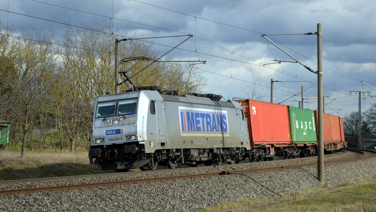 Am 12.03.2021 kam die 386 003-8 von METRANS aus Richtung Stendal und fuhr weiter in Richtung Wittenberge .