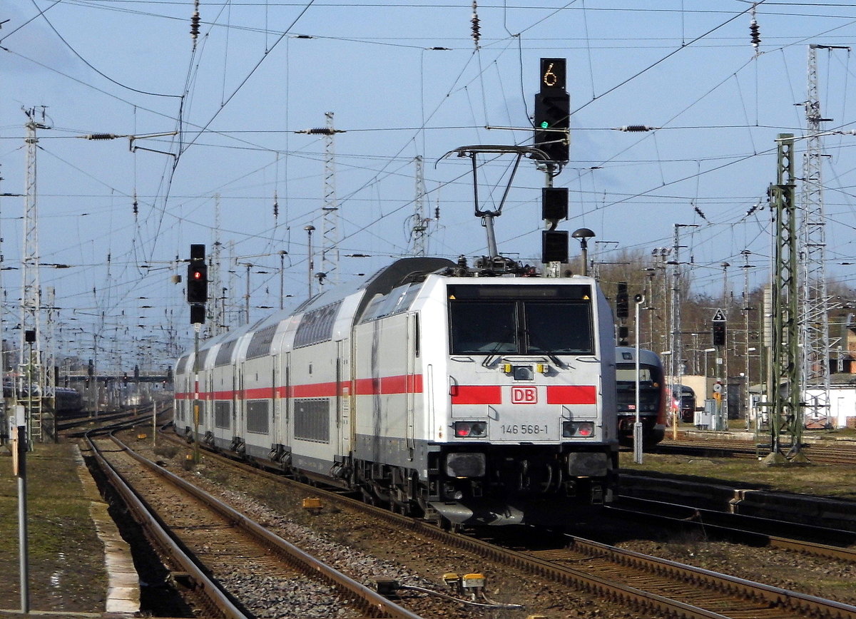 Am 15.03.2017 kam die 146 568-1 von DB Fernverkehr aus Richtung Magdeburg nach Stendal und fuhr weiter in Richtung Braunschweig .