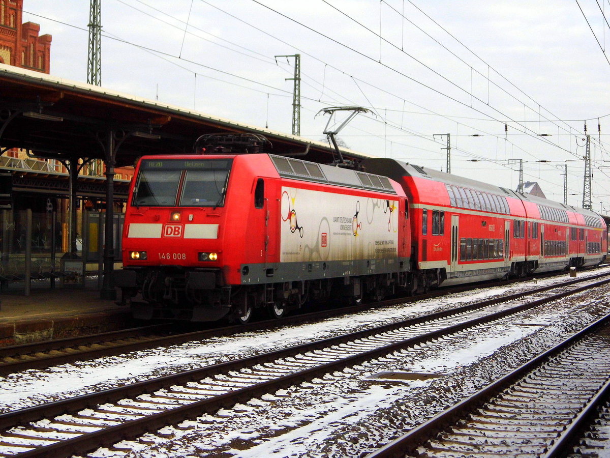 Am 20.01.2017 kam die 146 008 von der  DB Regio aus Richtung Magdeburg nach Stendal und fuhr weiter in Richtung Uelzen .