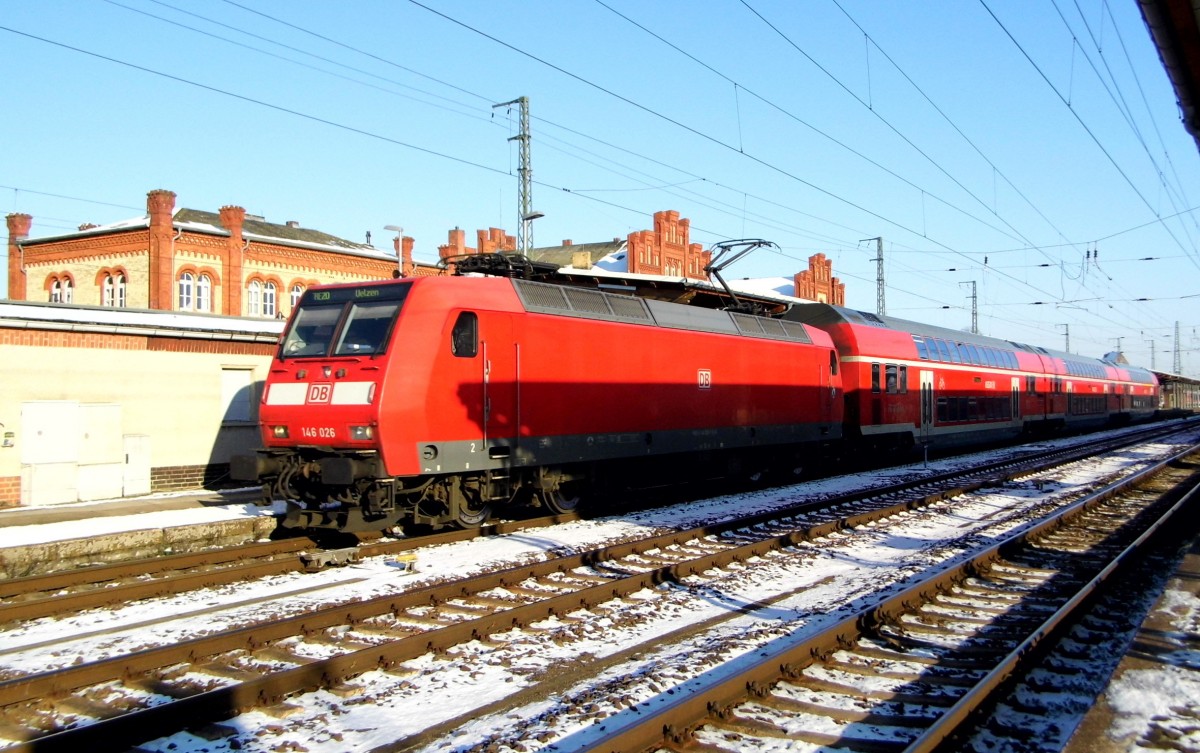 Am 22.01.2016 kam die 146 026  von der DB aus Richtung Magdeburg nach Stendal und fuhr weiter in Richtung Uelzen .