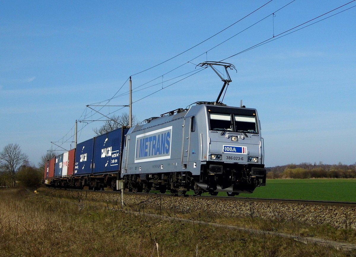 Am 24.03.2017 kam die 386 023-6 von METRANS  aus Richtung Salzwedel nach Stendal .