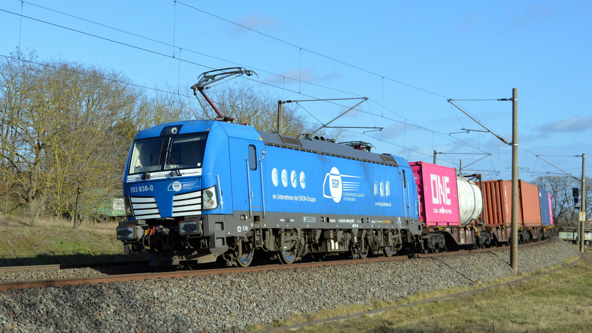 Am 26.02.2021 kam die 193 838-0  von der  EGP  aus Richtung Stendal und fuhr weiter in Richtung Wittenberge .