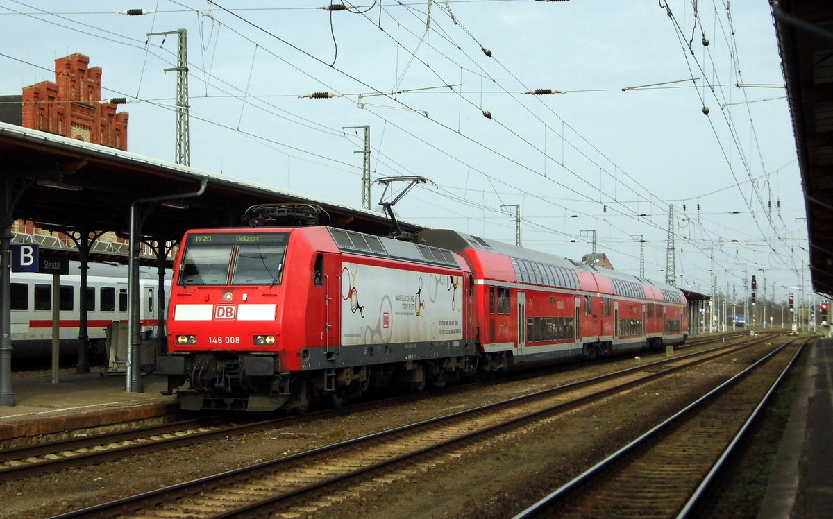 Am 03.04.2016 kam die 146 008 von der DB aus Richtung Magdeburg nach Stendal und fuhr weiter in Richtung Uelzen .