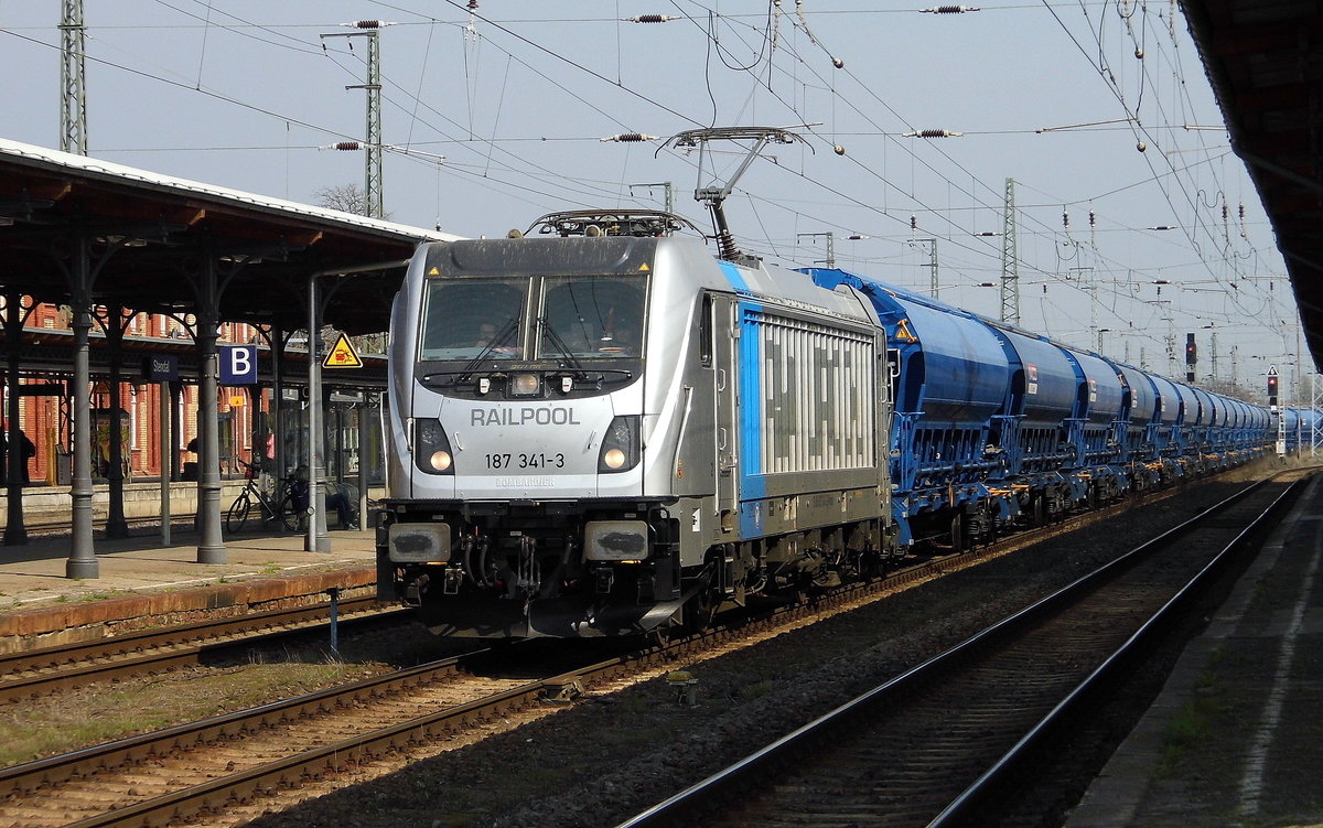 Am 04.04.2019 kam die 187 341-3 von   Raildox GmbH & Co. KG (Railpool ) aus Richtung Magdeburg nach Stendal und fuhr weiter in Richtung Wittenberge . 