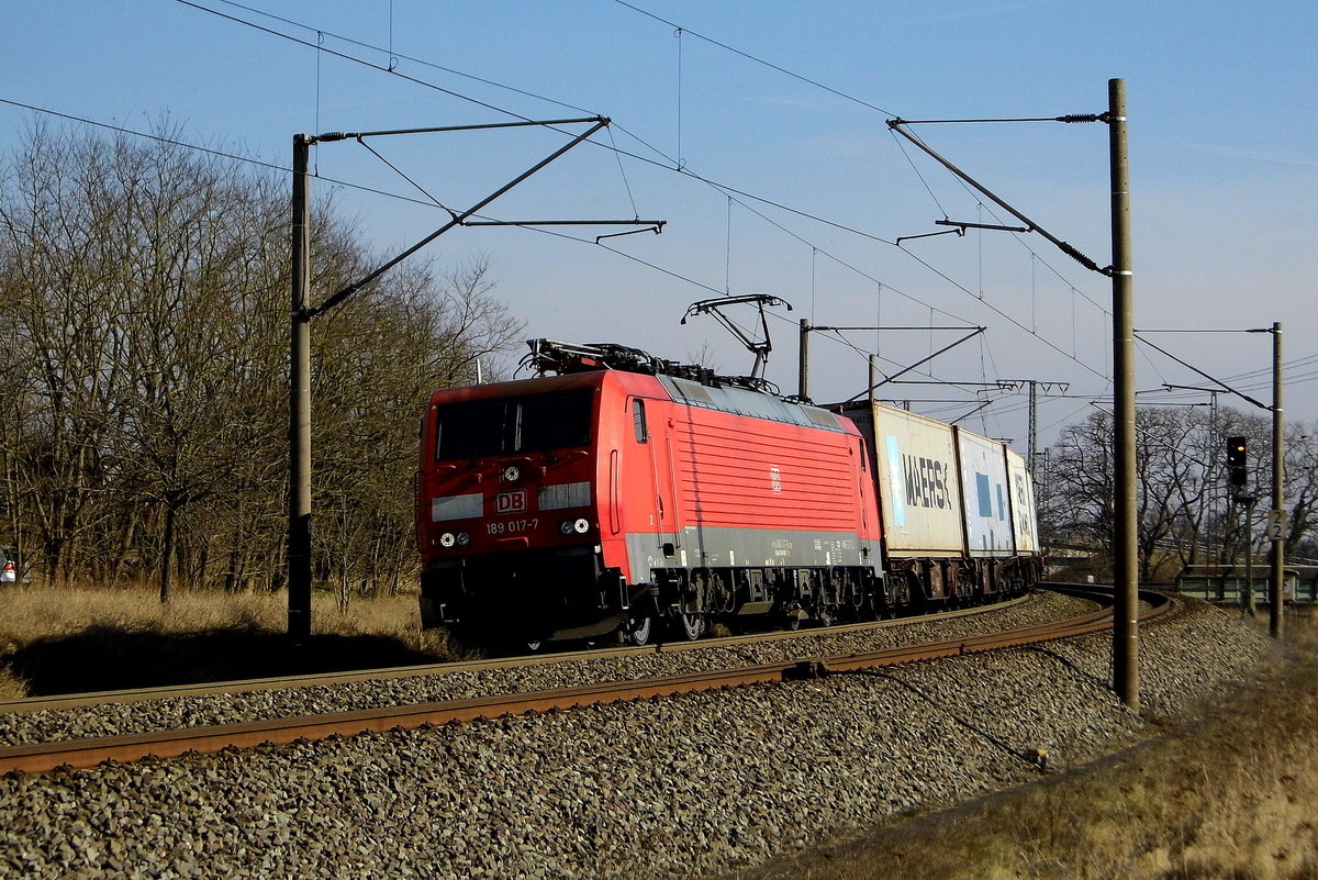 Am 05.03.2018 kam  die 189 017-7 von DB Cargo Deutschland AG, aus Richtung Stendal und fuhr weiter in Richtung Wittenberge .