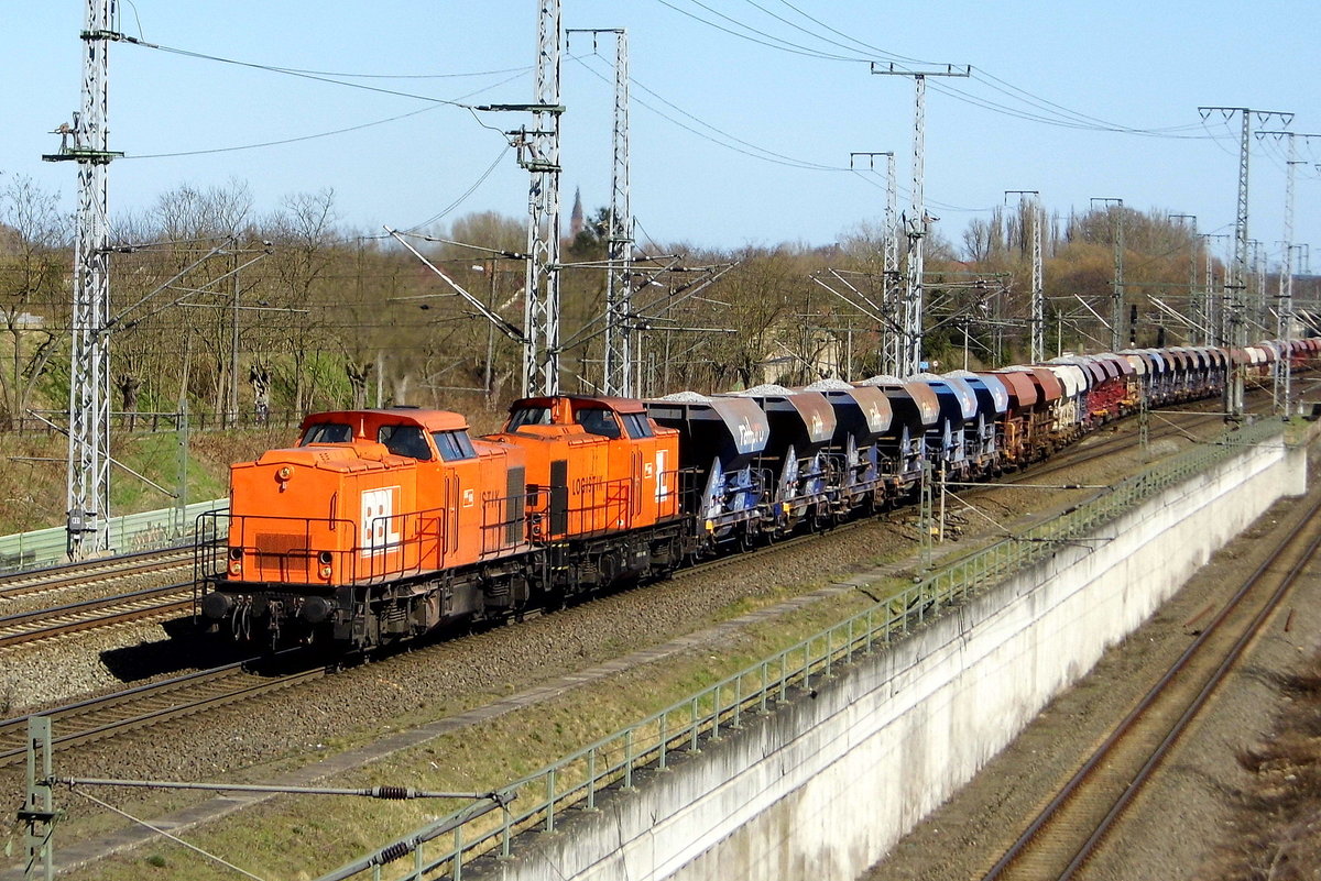 Am 06.04.2018 fuhren die  203 148-2 und die  203 122-7 von der  BBL Logistik GmbH,   von Stendal in Richtung Salzwedel .