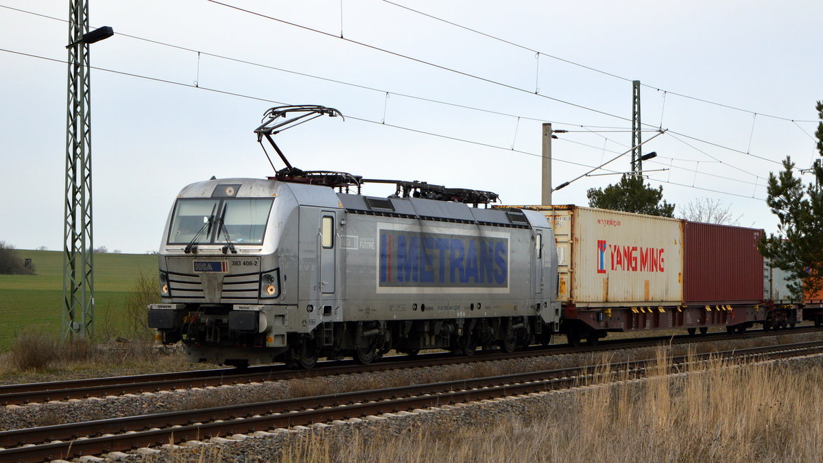 Am 09.03.2021 kam die 383 408-2 von METRANS   aus der Richtung Stendal nach Demker und fuhr weiter in Richtung Magdeburg .