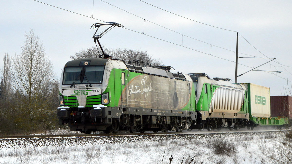 Am 10.02.2021 fuhren die 193 831-5 von der SETG (ELL)  und die  187 316-5 von der SETG  (Railpool GmbH,)   aus Richtung Stendal und fuhr weiter in Richtung Salzwedel .   (Schön Gruß an den TF )