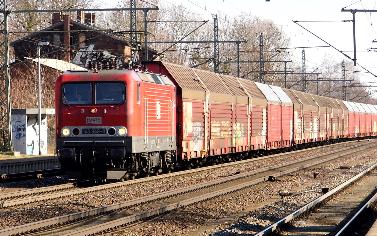Am 18.02.2019 kam die 143 848-0 von der MEG - Mitteldeutsche Eisenbahn GmbH, aus Richtung Magdeburg nach Niederndodeleben und fuhr weiter in Richtung Braunschweig .