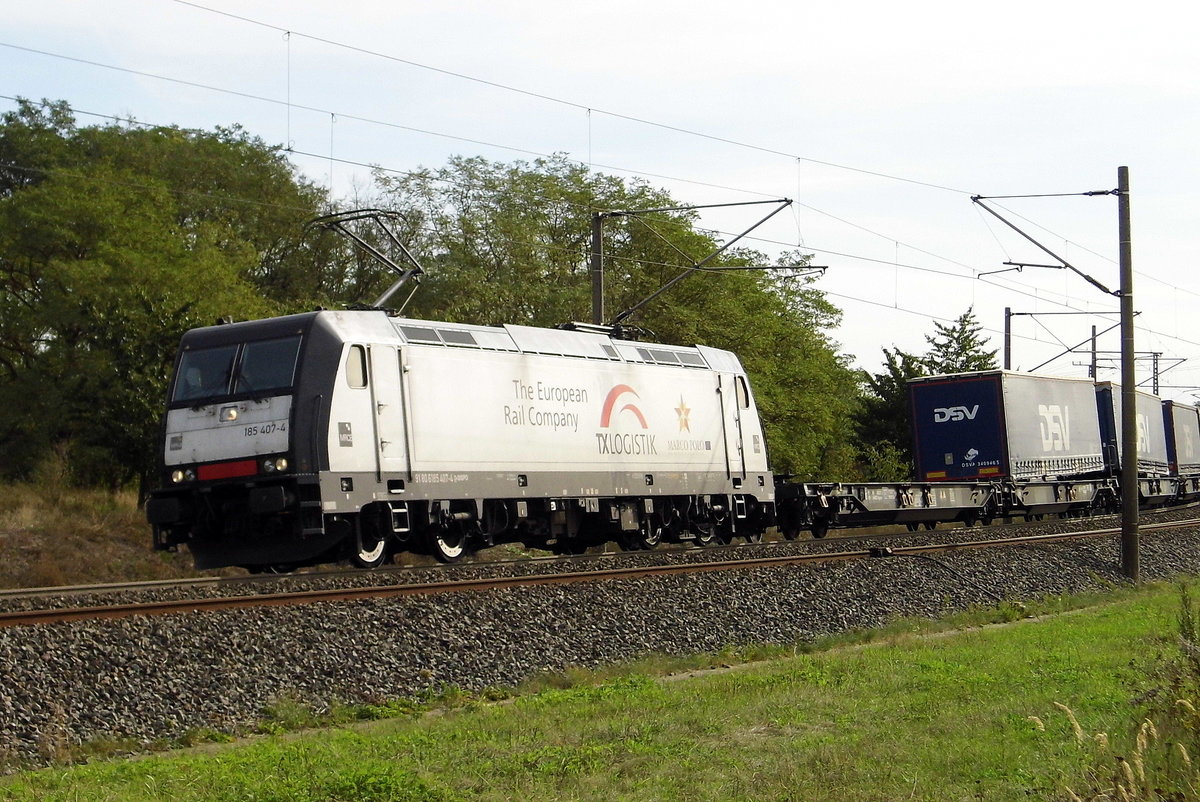 Am 19.09.2020 kam die 185 407-4 von der TXL - TX Logistik AG, (MRCE)  aus Richtung Stendal und fuhr weiter in Richtung Wittenberge.