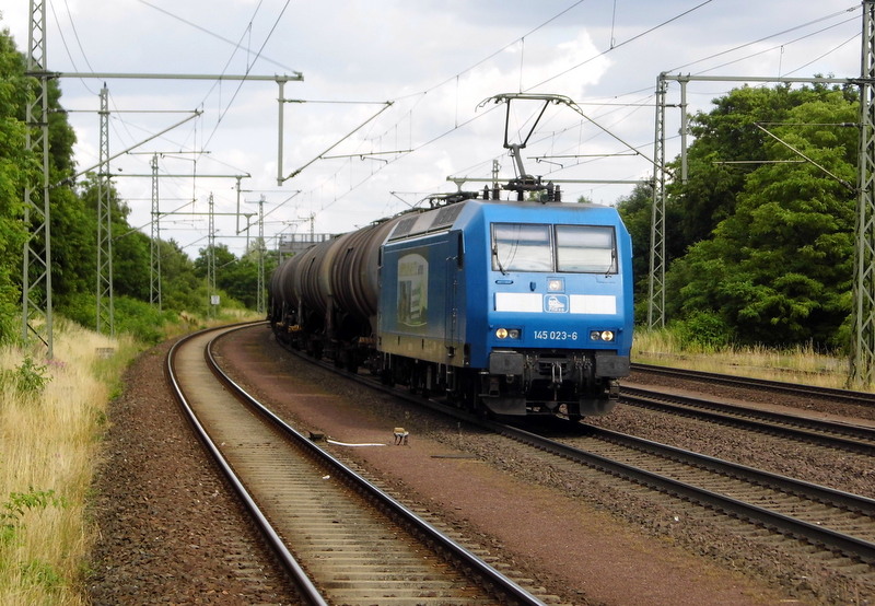 Am 2.07.2014 kam die 145 023-6 von der Press aus Richtung Magdeburg nach Niederndodeleben und fuhr weiter in Richtung Braunschweig .