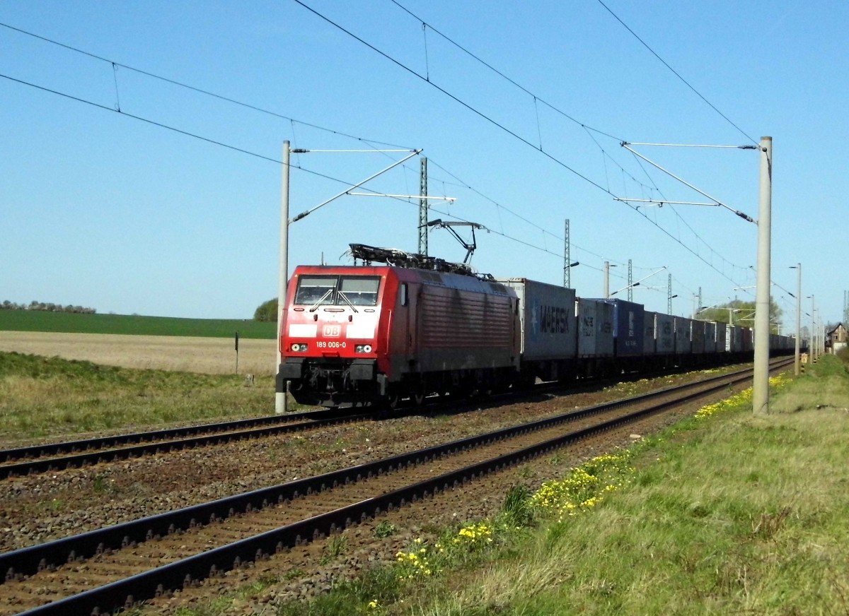 Am 21.04.2015 kam die 189 006-0 von der DB aus der Richtung Stendal nach Demker und fuhr weiter in Richtung Magdeburg .