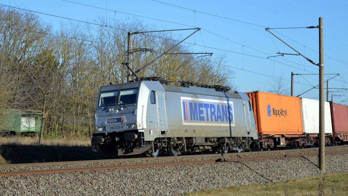 Am 22.02.2021 kam die 386 026-9 von METRANS   aus Richtung Stendal und fuhr weiter in Richtung Wittenberge .