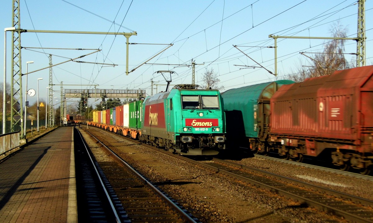 Am 26.02.2015 kam die 185 612-9 von der Emons aus Richtung Braunschweig nach Niederndodeleben und fuhr weiter in Richtung Magdeburg .