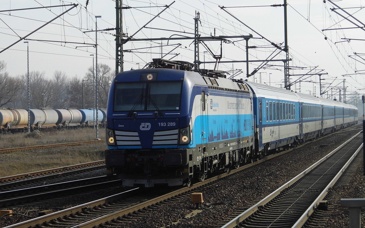 Am 26.02.2019 kam die 193 289-6 von der ČD - České dráhy a.s., Praha(ELL) aus Richtung Berlin nach Wittenberge und fuhr weiter in Richtung Hamburg.