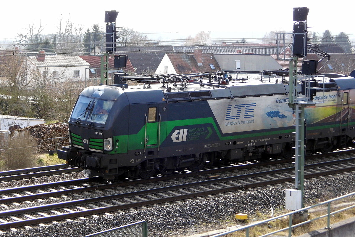Am 26.03.2018 kam die  193 216-9 von der LTE Logistik- and Transport- GmbH, Graz (ELL) aus Richtung Wittenberge und fuhr weiter in Richtung Stendal .