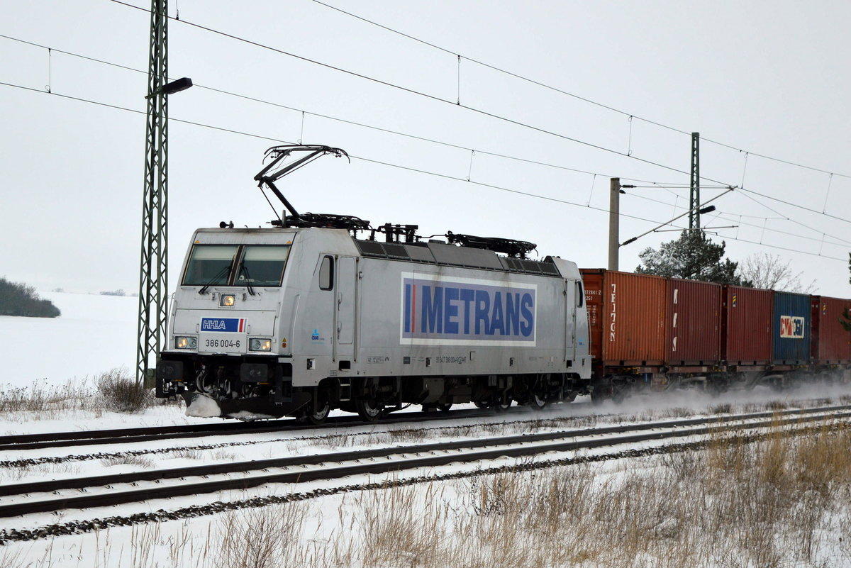Am 30.01.2021 kam 386 004-6 von METRANS aus der Richtung Stendal nach Demker und fuhr weiter in Richtung  Magdeburg .