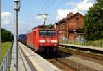 Am 11.08.2014 kam die 189 010-2 von der DB aus der Richtung Stendal nach Demker und fuhr weiter in Richtung Magdeburg .